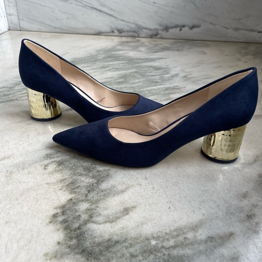 Zara Navy Suede Pumps with Gold Heel  Size 10